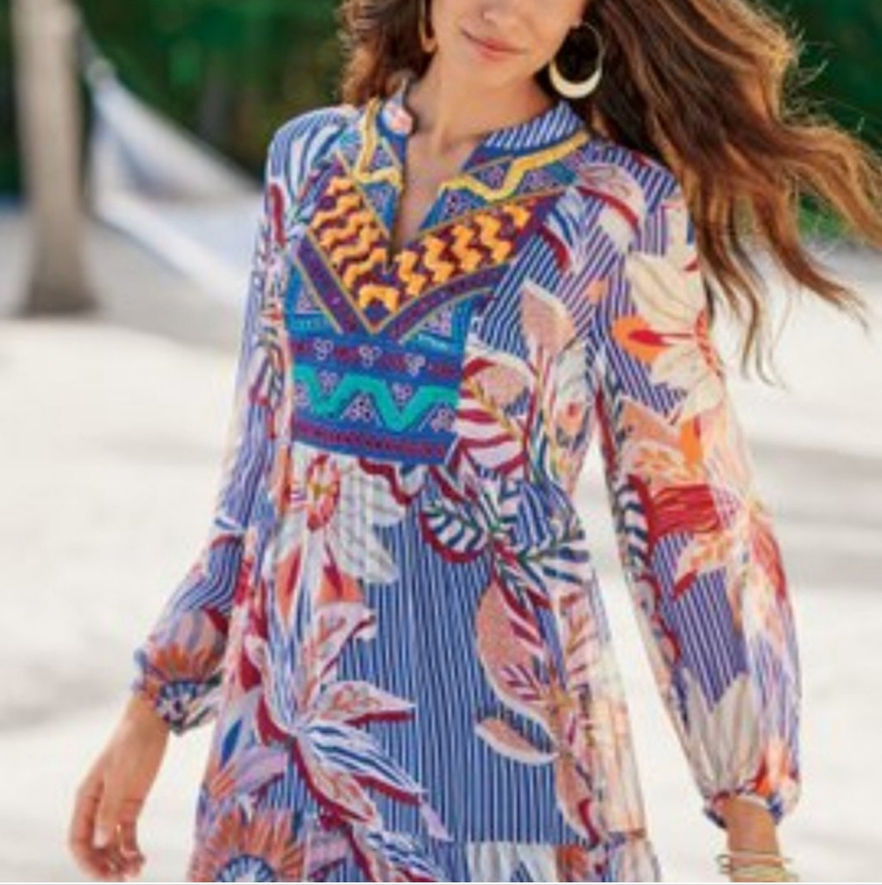 Soft Surroundings Tory Tunic Boho Floral Stripe Print Top Tassel Sheer Sz Large - Picture 15 of 15